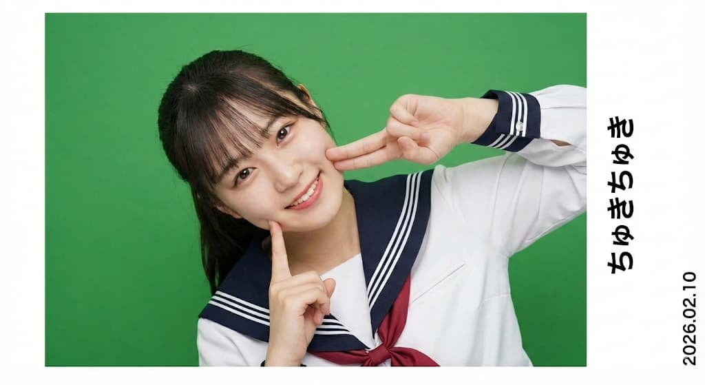 A girl in a sailor school uniform points to her cheek and makes a peace sign in a purikura photo labeled "ちゅきちゅきポーズ".