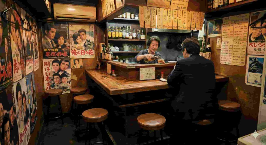 Extremely small interior of a Golden Gai bar with only 5 seats and vintage posters on the wall, illustrating why large groups can't fit.