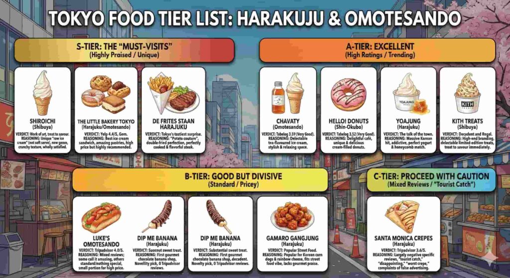 A graphic titled "Tokyo Food Tier List: Harajuku & Omotesando" organizing local eateries into ranked categories. S-Tier (Must-Visits) features Shiroichi, The Little Bakery Tokyo, and De Frites Staan. A-Tier (Excellent) includes Chavaty, Hello! Donuts, Yoajung, and Kith Treats. B-Tier (Good but Divisive) lists Luke's Omotesando, Dip Me Banana, and Gamaro Gangjung. C-Tier (Proceed with Caution) contains Santa Monica Crepes.