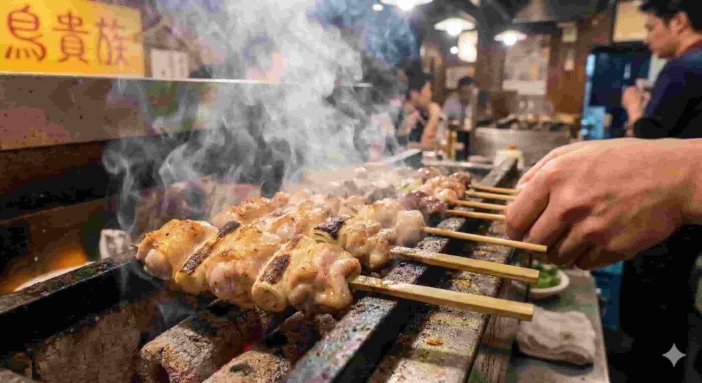 A chef grilling large chicken skewers over charcoal at Torikizoku, a safe and affordable izakaya chain in Tokyo.