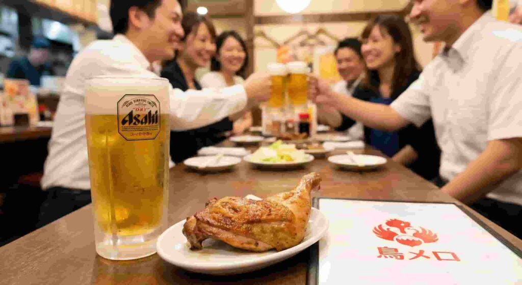 A large mug of Asahi Super Dry draft beer and a signature roast chicken leg on a table at Torimero, known for being one of the cheapest izakaya chains in Tokyo.