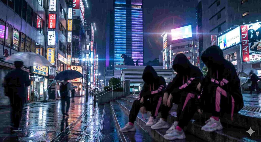 Night view of Shinjuku Cinecity Square with Toho Building and neon lights