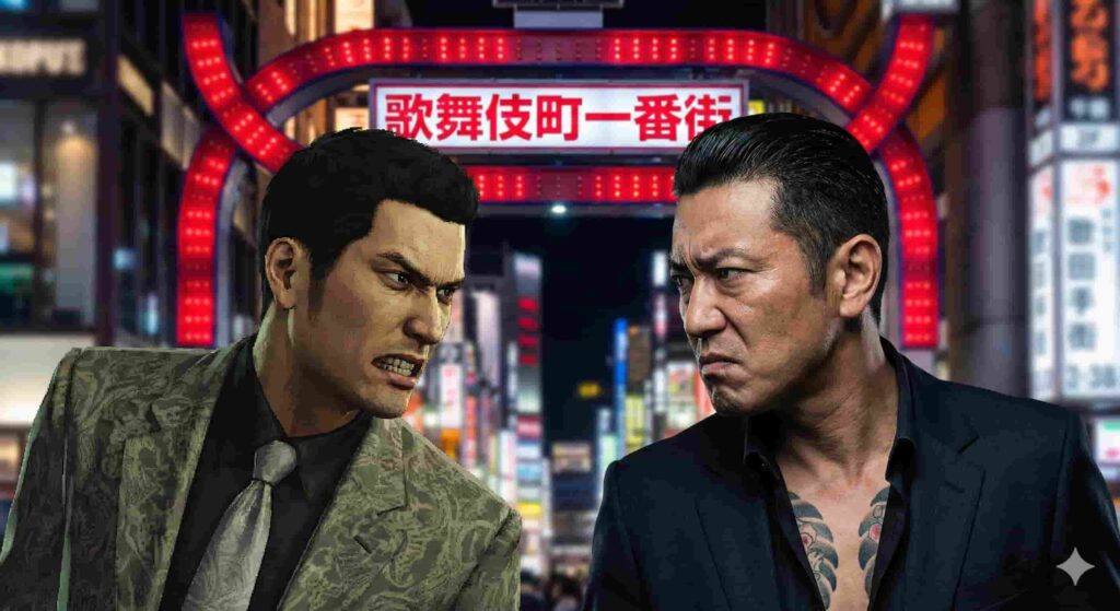 A split image showing a 3D game character resembling Kazuma Kiryu on the left glaring at a realistic photograph of a yakuza on the right, with the real-life Kabukicho Ichibangai Gate in the background.